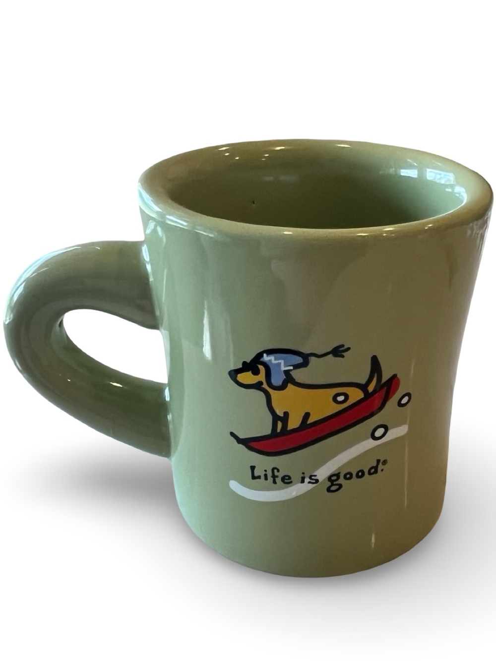 Life Is Good Diner Style Olive Green Dog on Snowboard Mug